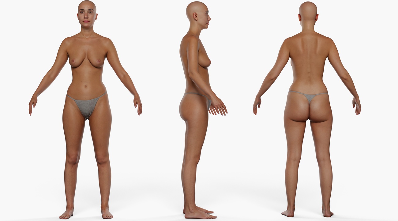 Full body 3D scan of a fit average-build female, retopologised quad mesh with PBR skin textures